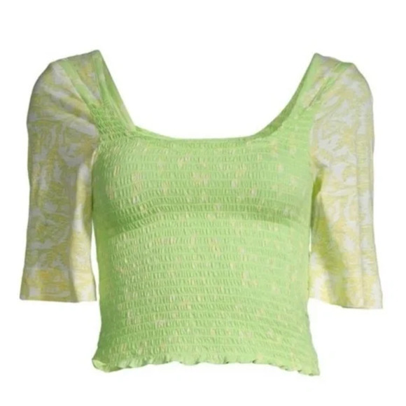 Free People MARIGOLD Smocked Tee Crop Top | Sz M Key Lime Green NEW. N1 - Picture 7 of 12